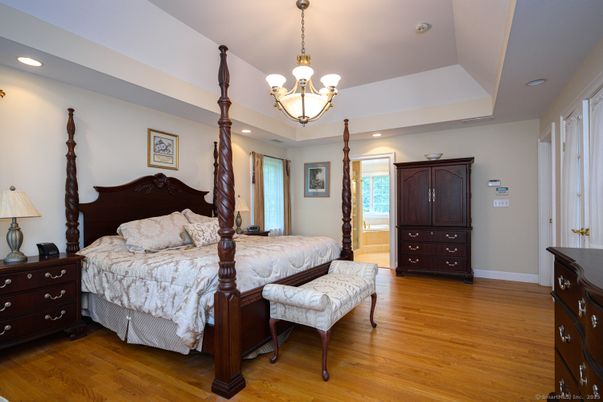 Bedroom, Chandelier, Interior, Recessed Lighting, Wood Texture Flooring