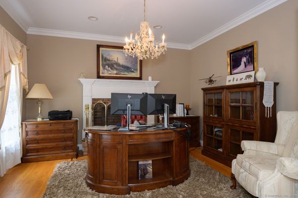 Chandelier, Fireplace, Home Office, Interior, Recessed Lighting, Wood Texture Flooring