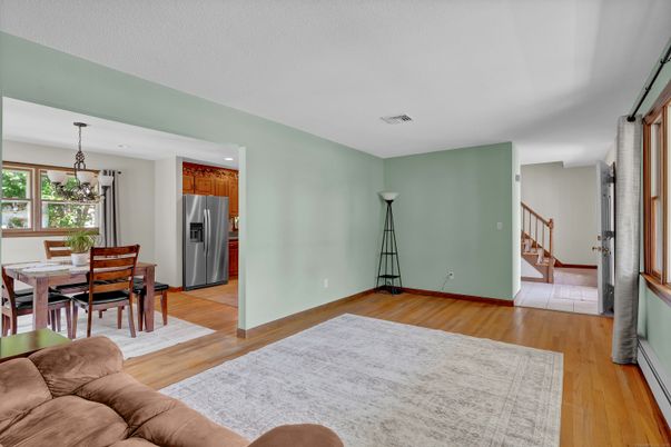 Dining room, Interior, Kitchen, Pendant Lights, Recessed Lighting, Stainless Steel Appliances, Wood Texture Flooring