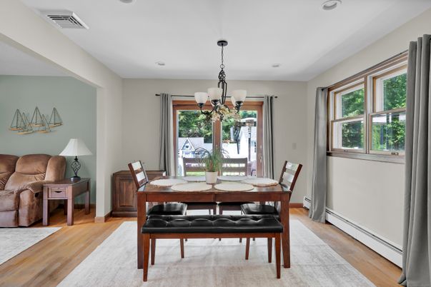Dining room, Interior, Recessed Lighting, Wood Texture Flooring