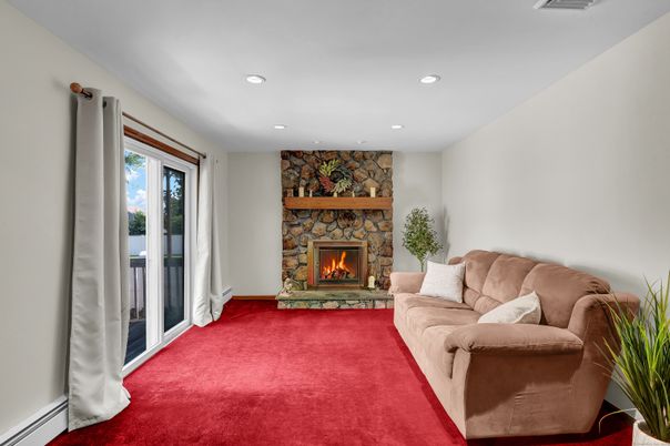 Fireplace, Interior, Living room, Recessed Lighting, Stone Walls