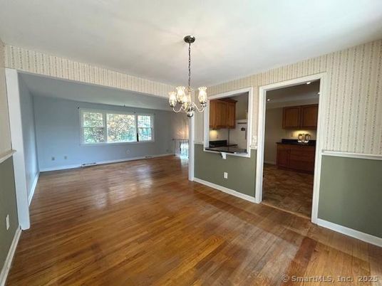 Chandelier, Empty room, Interior, Kitchen, Wood Texture Flooring