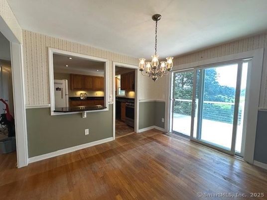 Chandelier, Empty room, Interior, Kitchen, Recessed Lighting, Wood Texture Flooring