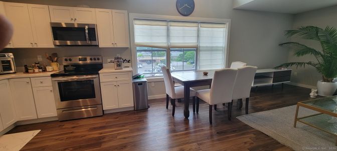 Dining room, Interior, Kitchen, Stainless Steel Appliances, Wood Texture Flooring