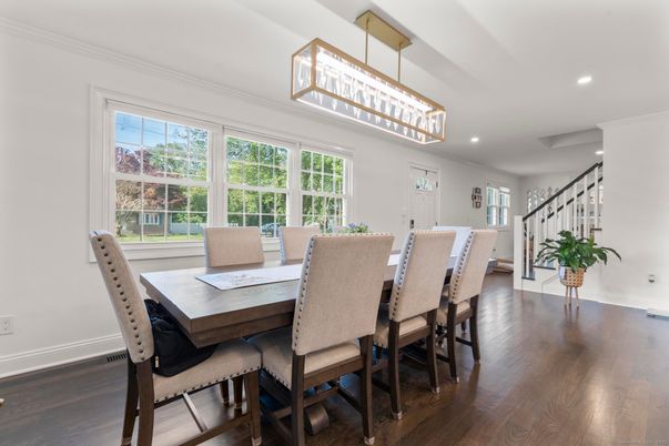 Dining room, Interior, Pendant Lights, Recessed Lighting, Wood Texture Flooring
