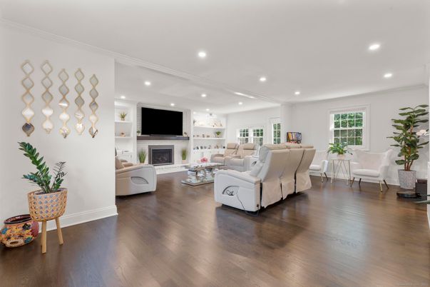 Fireplace, Interior, Living room, Recessed Lighting, Wood Texture Flooring