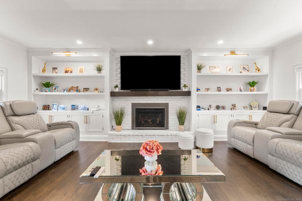 Fireplace, Interior, Living room, Recessed Lighting, Wood Texture Flooring