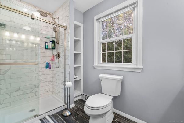Bathroom, Glass Shower, Interior, Wood Texture Flooring