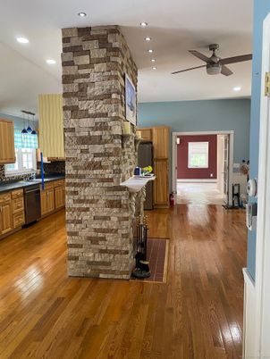 Interior, Kitchen, Recessed Lighting, Stone Walls, Wood Texture Flooring