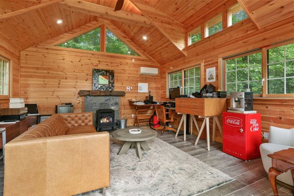Fireplace, Interior, Living room, Piano, Recessed Lighting, Wooden Beams, Wooden Ceilings, Wood Texture Flooring, Wooden Walls