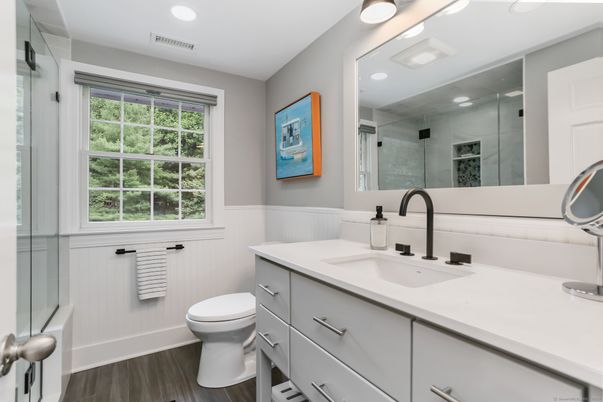 Bathroom, Glass Shower, Interior, Recessed Lighting, Wood Texture Flooring