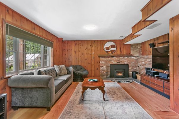 Fireplace, Interior, Living room, Stone Walls, Wood Texture Flooring, Wooden Walls