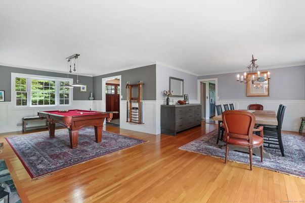 Billiard Table, Chandelier, Dining room, Game Room, Interior, Pendant Lights, Wood Texture Flooring