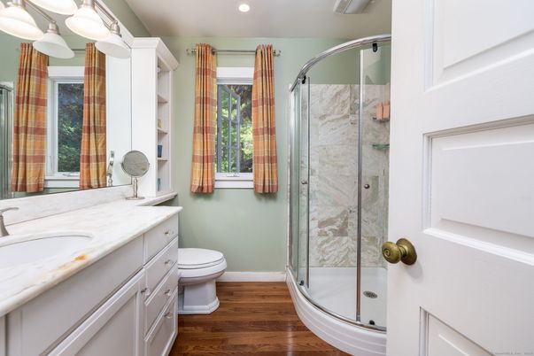 Bathroom, Glass Shower, Interior, Recessed Lighting, Wood Texture Flooring