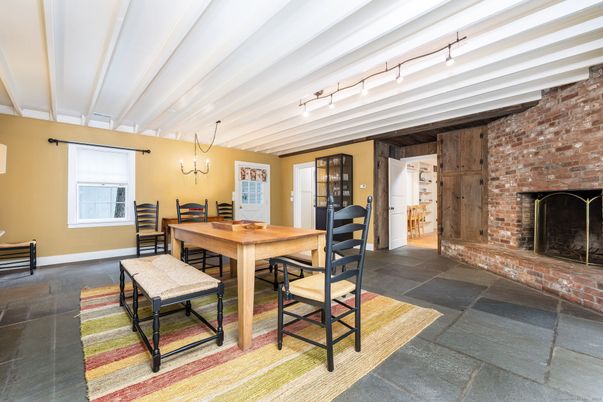 Dining room, Fireplace, Interior, Pendant Lights, Stone Walls