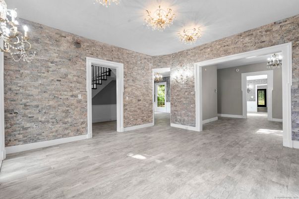 Chandelier, Empty room, Interior, Stone Walls, Wood Texture Flooring