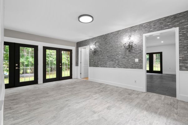 Empty room, Interior, Recessed Lighting, Stone Walls, Wood Texture Flooring