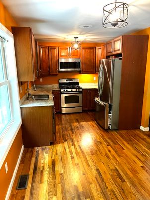 Interior, Kitchen, Pendant Lights, Stainless Steel Appliances, Wood Texture Flooring