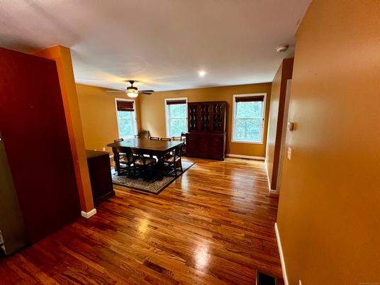 Dining room, Interior, Recessed Lighting, Wood Texture Flooring