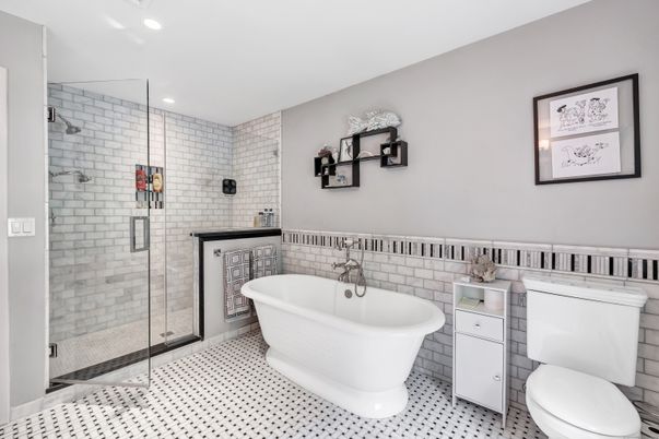 Bathroom, Free Standing Baths, Glass Shower, Interior, Recessed Lighting