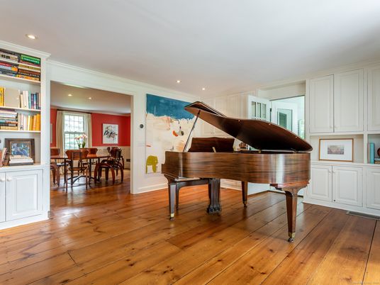 Dining room, Interior, Piano, Recessed Lighting, Wood Texture Flooring