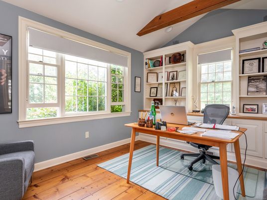 Home Office, Interior, Recessed Lighting, Wooden Beams, Wood Texture Flooring
