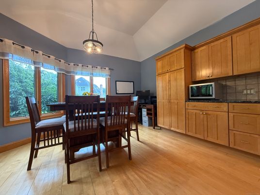 Dining room, Interior, Pendant Lights, Wood Texture Flooring