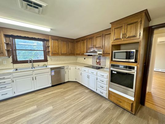 Interior, Kitchen, Stainless Steel Appliances, Wood Texture Flooring