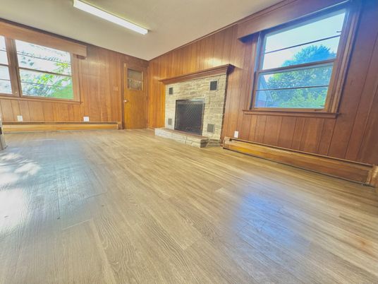 Empty room, Fireplace, Interior, Stone Walls, Wood Texture Flooring, Wooden Walls