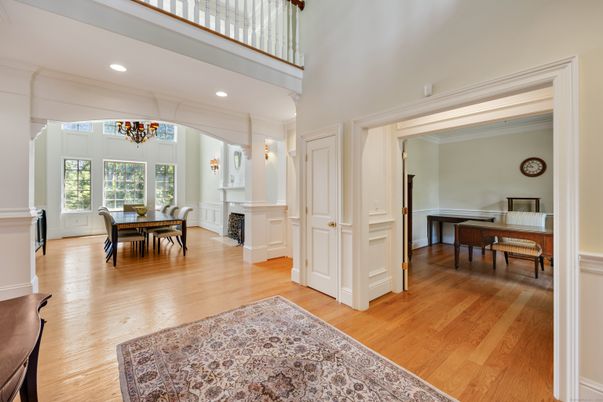 Dining room, Fireplace, Interior, Pendant Lights, Piano, Recessed Lighting, Wood Texture Flooring