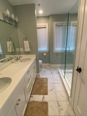 Bathroom, Dual Sink Vanities, Glass Shower, Interior, Marble, Recessed Lighting