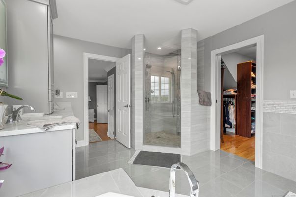 Bathroom, Glass Shower, Interior, Recessed Lighting, Wood Texture Flooring