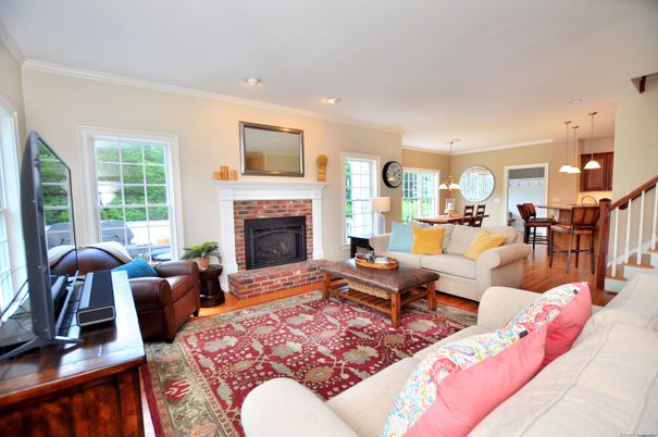 Dining room, Fireplace, Interior, Living room, Pendant Lights, Recessed Lighting, Wood Texture Flooring