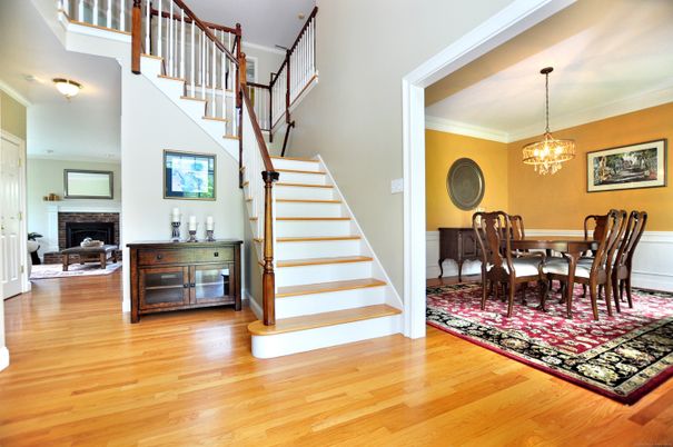 Chandelier, Dining room, Fireplace, Interior, Pendant Lights, Wood Texture Flooring