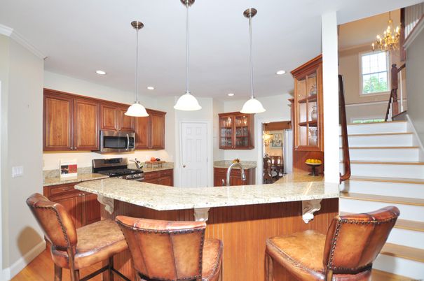 Chandelier, Interior, Kitchen, Pendant Lights, Recessed Lighting, Wood Texture Flooring