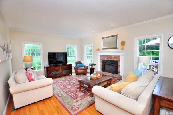 Fireplace, Interior, Living room, Recessed Lighting, Wood Texture Flooring