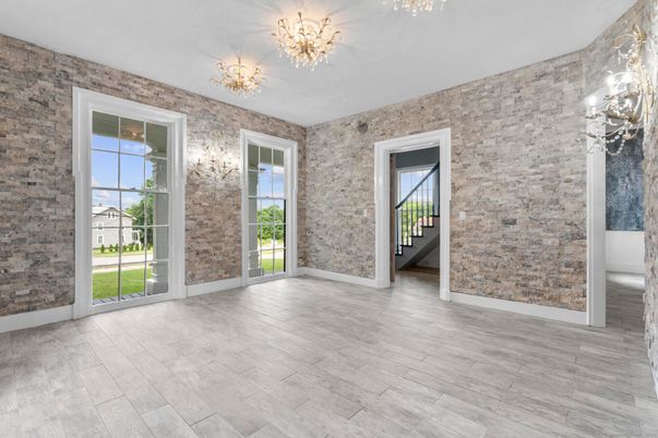 Chandelier, Empty room, Interior, Stone Walls, Wood Texture Flooring