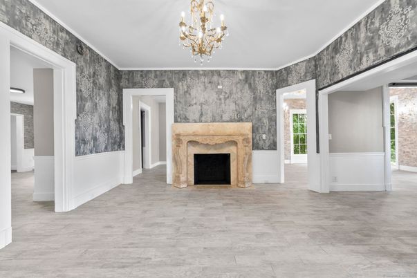 Chandelier, Empty room, Fireplace, Interior, Wood Texture Flooring