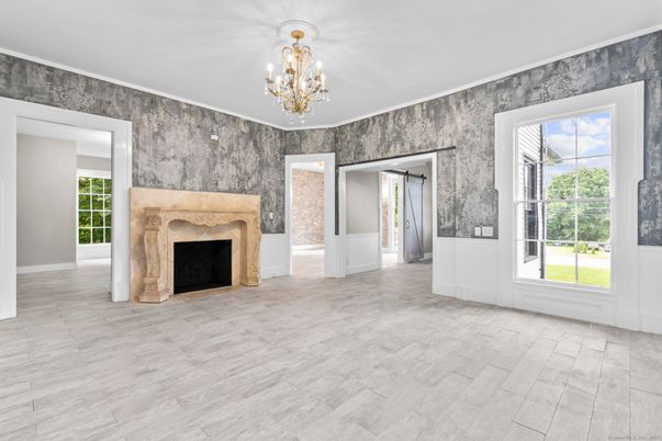 Chandelier, Empty room, Fireplace, Interior, Wood Texture Flooring