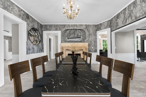 Chandelier, Dining room, Fireplace, Interior