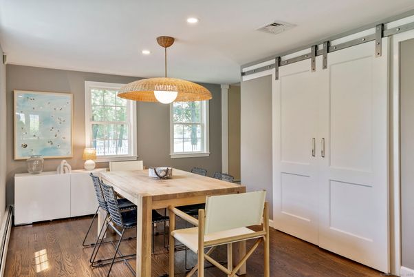 Dining room, Interior, Pendant Lights, Recessed Lighting, Wood Texture Flooring