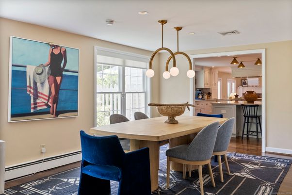 Dining room, Interior, Kitchen, Pendant Lights, Recessed Lighting, Wood Texture Flooring