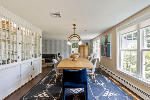 Dining room, Interior, Pendant Lights, Recessed Lighting, Wood Texture Flooring