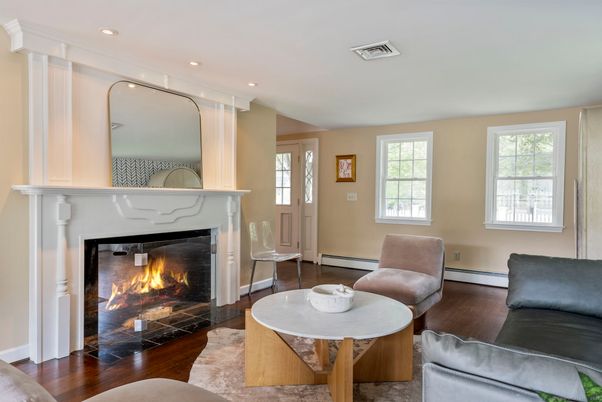 Fireplace, Interior, Recessed Lighting, Wood Texture Flooring