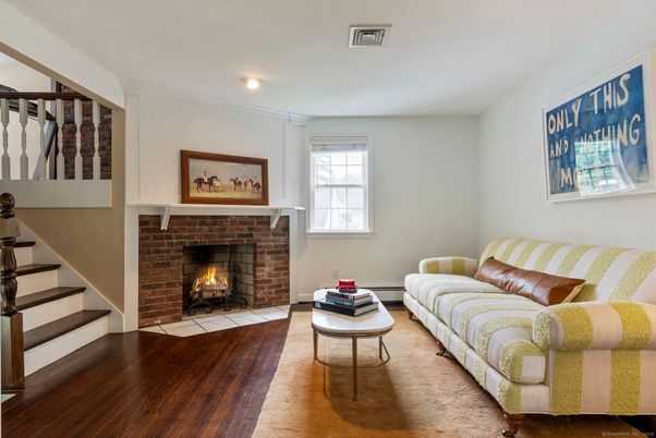 Fireplace, Interior, Living room, Recessed Lighting, Wood Texture Flooring