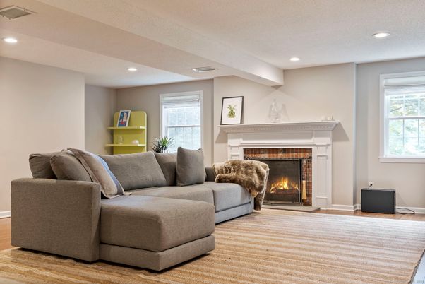 Fireplace, Interior, Living room, Recessed Lighting, Wood Texture Flooring