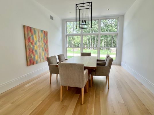 Dining room, Interior, Pendant Lights, Recessed Lighting, Wood Texture Flooring