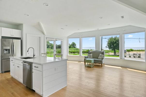 Interior, Kitchen, Recessed Lighting, Stainless Steel Appliances, Water, Wood Texture Flooring