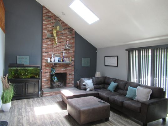 Fireplace, Interior, Living room, Stone Walls, Wood Texture Flooring