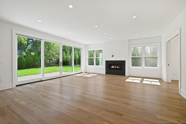 Empty room, Fireplace, Interior, Recessed Lighting, Wood Texture Flooring